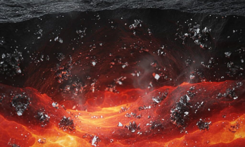 マグマがゆっくり冷えることで花崗岩ができる過程を示す抽象的な実写風イメージ。赤から黒への温度変化を表現