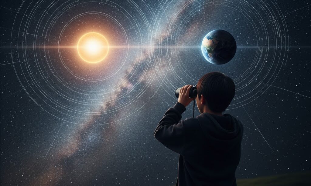 星空を見上げる中学生と重力波の光のイメージを重ねた実写風画像