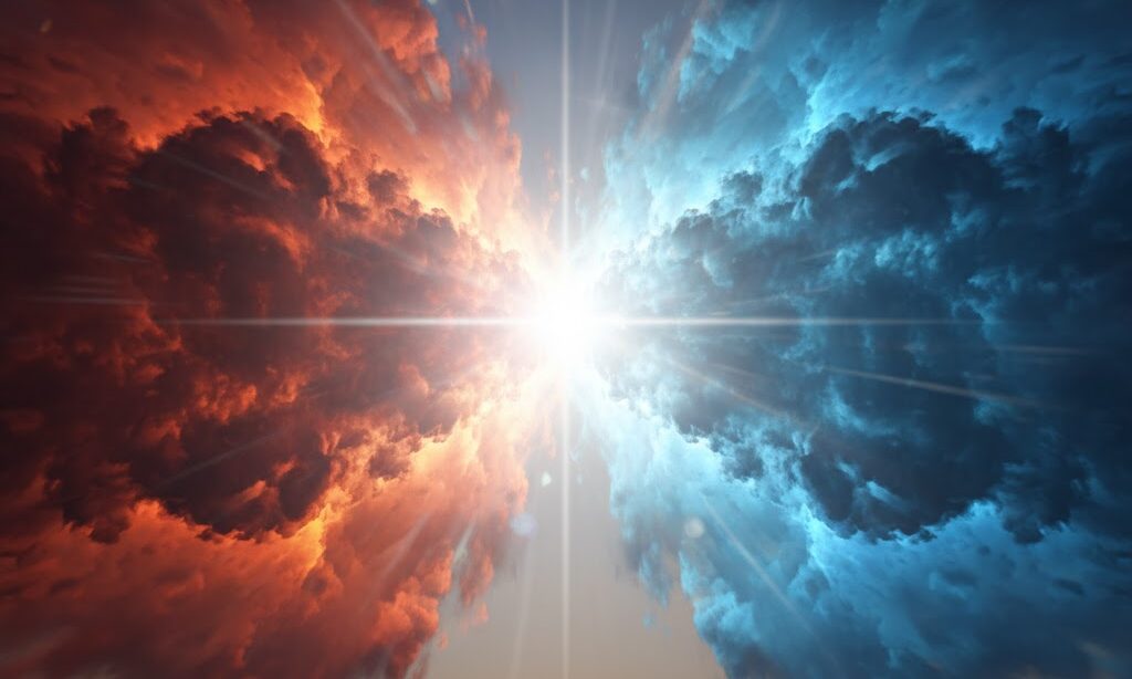 暖気と寒気の力が拮抗して停滞前線が動かない様子の抽象表現画像