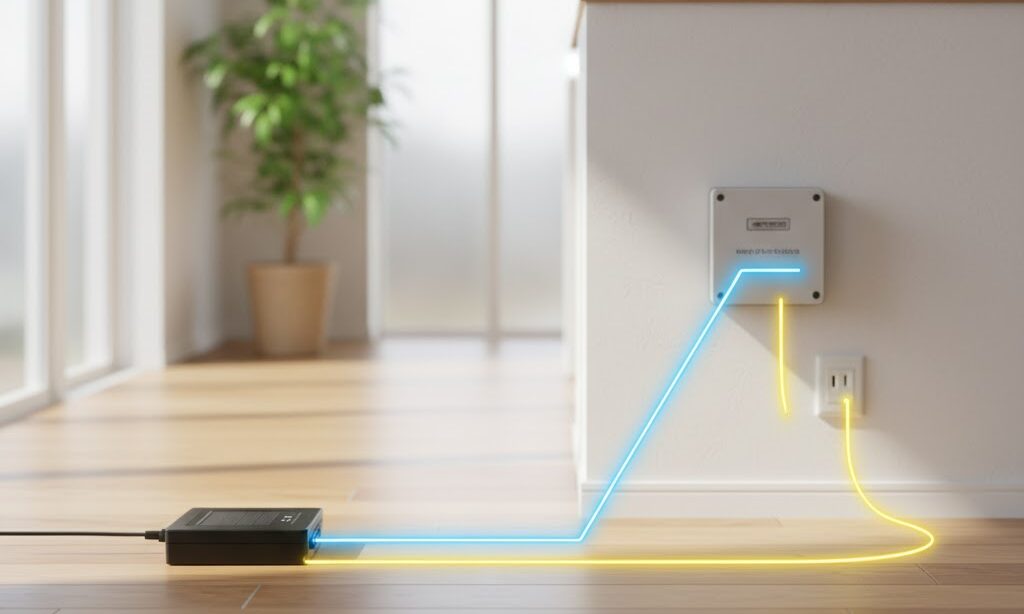 直流と交流の違いを光の流れで表現したイメージ。ソーラーパネルが発電する直流電流と家庭用交流の違いを説明する図。