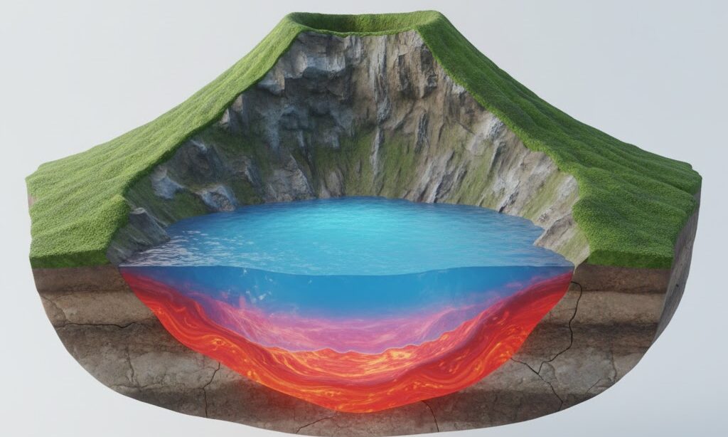 陥没によって誕生するカルデラ湖の形成仕組みを説明する断面イメージ