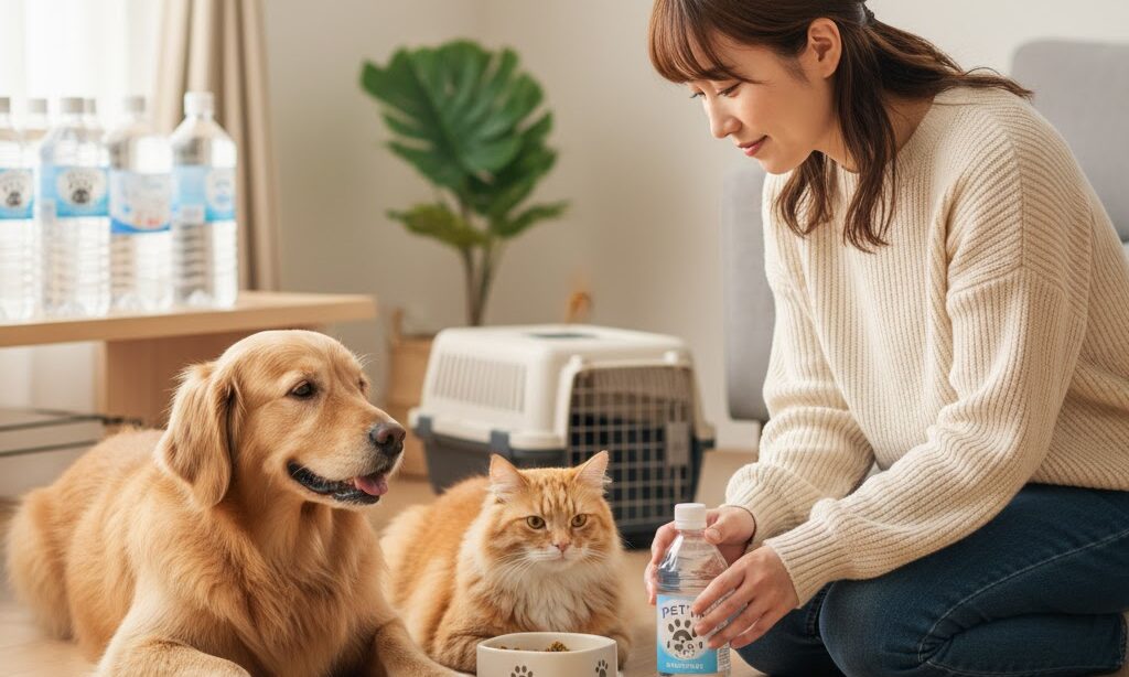 犬や猫のためにペット専用の水を人間用と分けて備蓄している災害対策イメージ