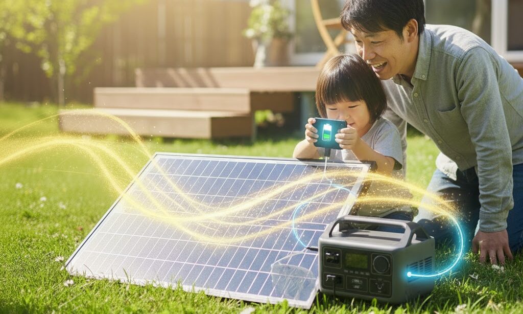 太陽光からソーラーパネルを通して電気が家電に活用される流れを表すイメージ。防災で役立つソーラー充電の利用例。