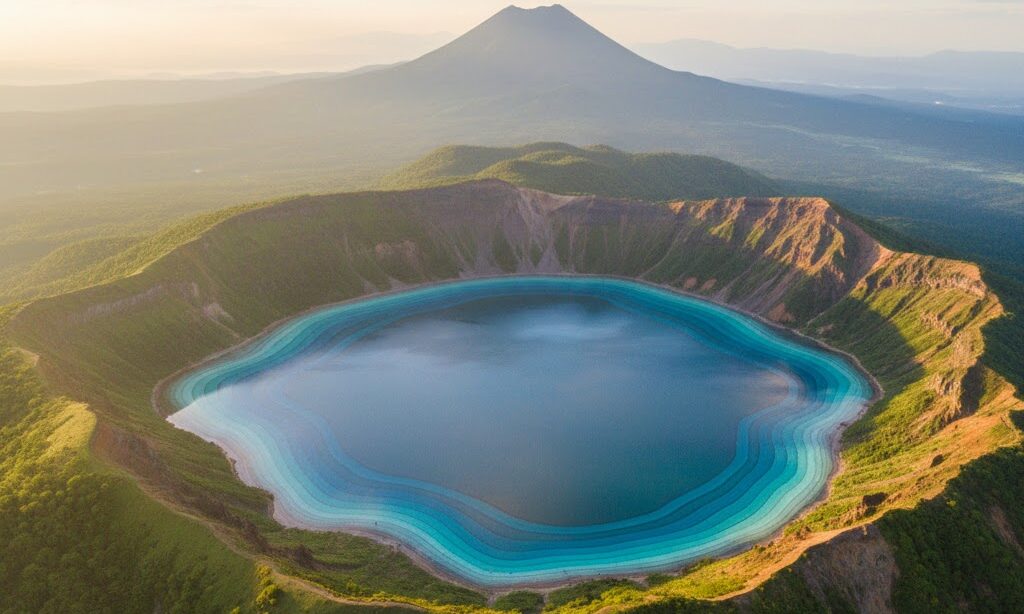 カルデラ湖のイメージ画像。火山活動で形成された円形の大きな湖と外輪山の景観