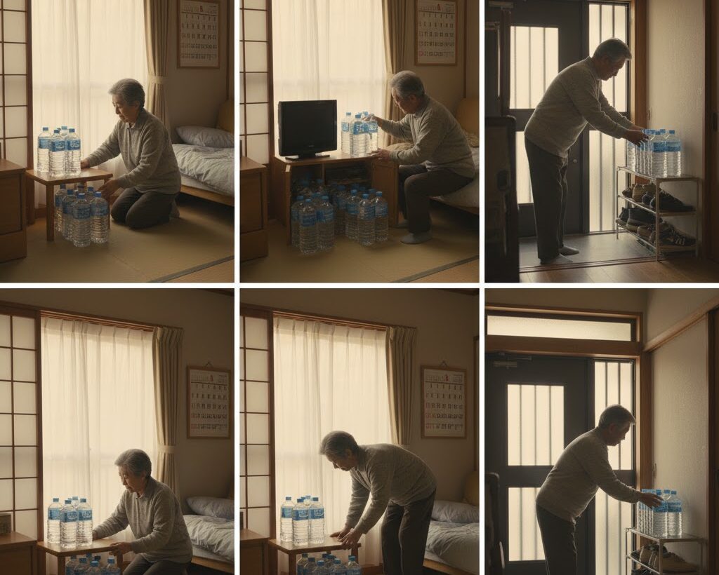 高齢者が取り出しやすい場所に水を分散保管している災害備蓄イメージ