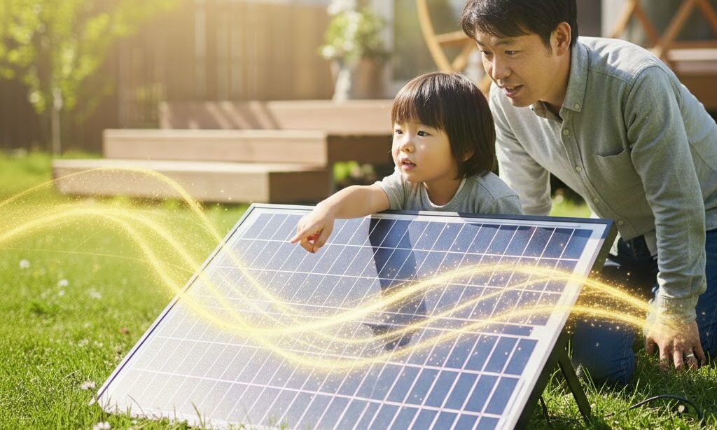 ソーラーパネルの一部に影が落ち、発電効率が低下する様子を示すイメージ。影が発電の弱点となる理由を視覚化。