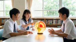中学生が地球の内部について話し合っている様子