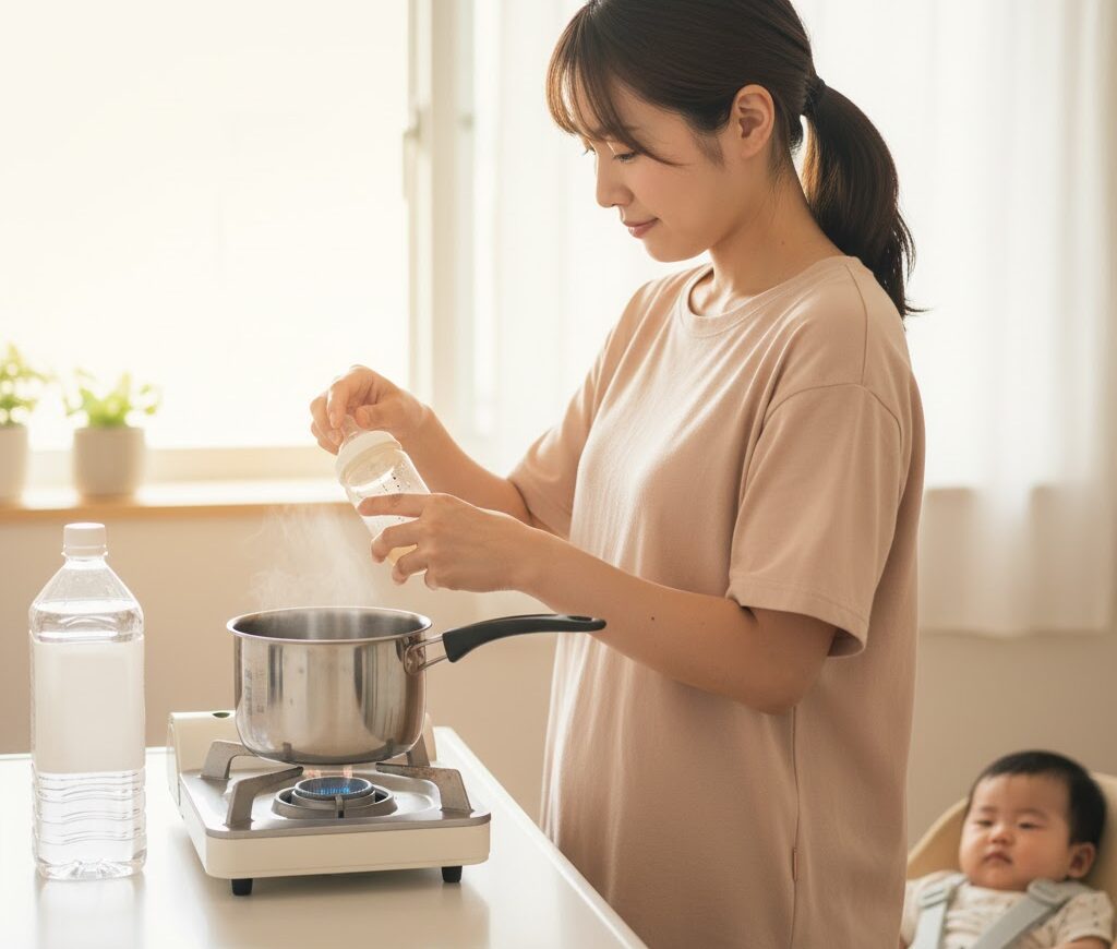 赤ちゃんのミルク用に軟水とカセットコンロを備える育児家庭の防災備蓄イメージ