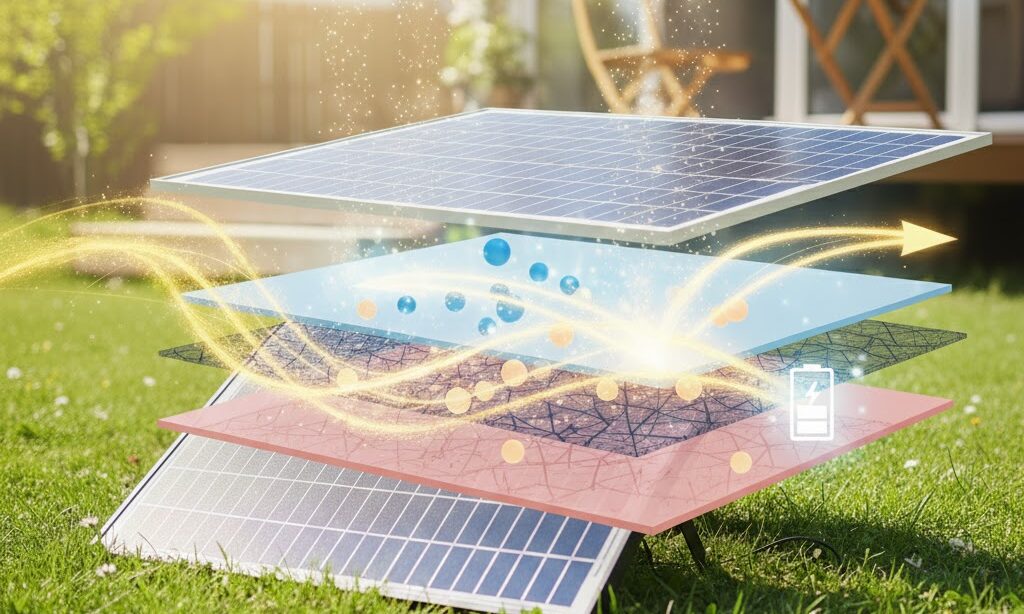 光起電力効果で電子と正孔が分離するイメージ。ソーラーパネル内部で電気が生まれる仕組みを抽象的に示した画像。