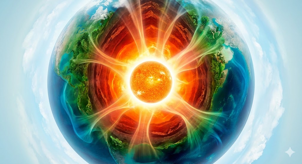 地球中心の熱が環境の恵みとして広がる様子を抽象的に示した画像