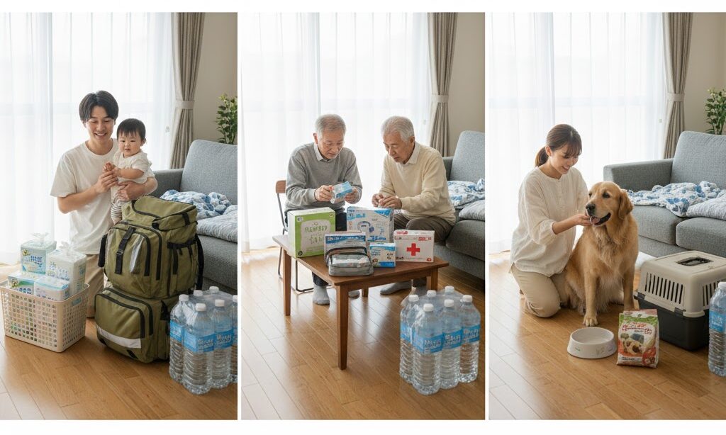 赤ちゃんや高齢者など家族構成に合わせて水の備蓄計画を立てる日本の家庭イメージ