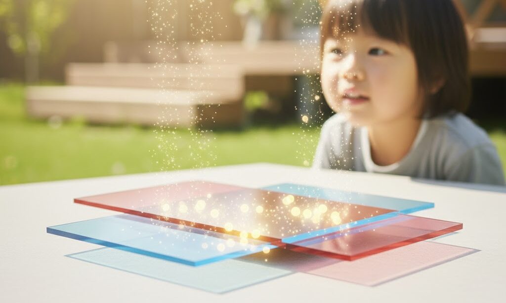 p型半導体とn型半導体を象徴する2層構造のイメージ。電気を生む半導体の役割をわかりやすく表した図解風の実写風画像。