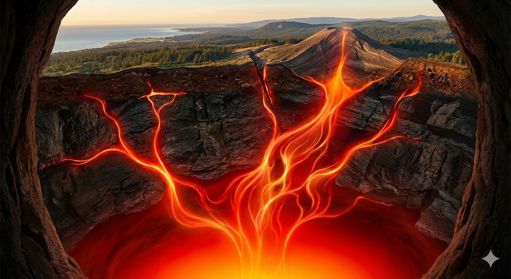 地球内部から上昇する熱が火山や地震を引き起こす様子を示す想像図