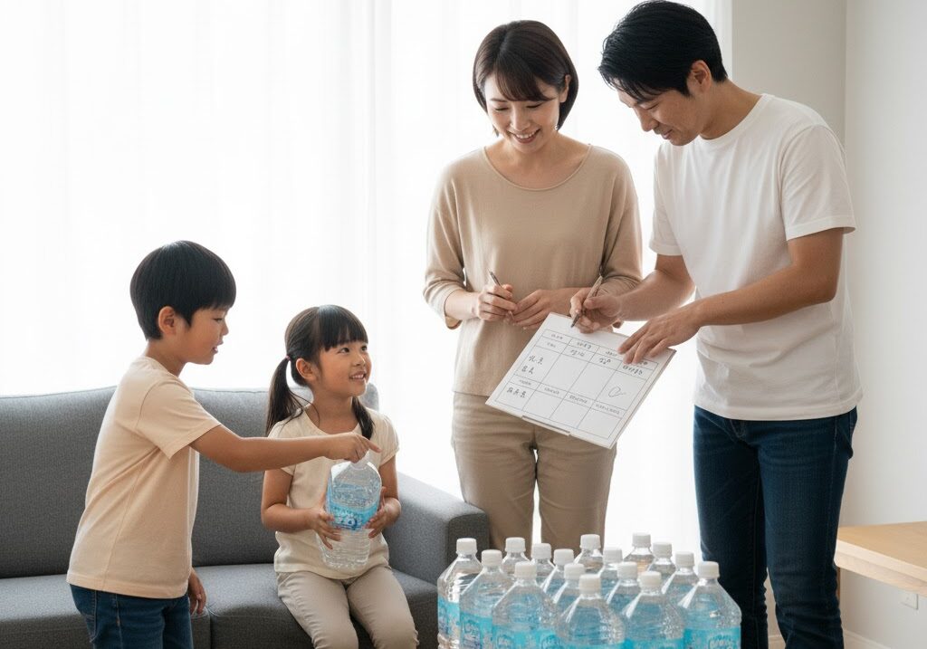 世帯人数に合わせてペットボトルの水を並べて確認する家族の備蓄量イメージ