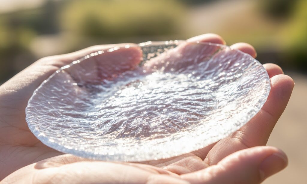 太陽光発電の材料として使われるシリコンを光にかざして示すイメージ。半導体シリコンの特徴を表現した写真。