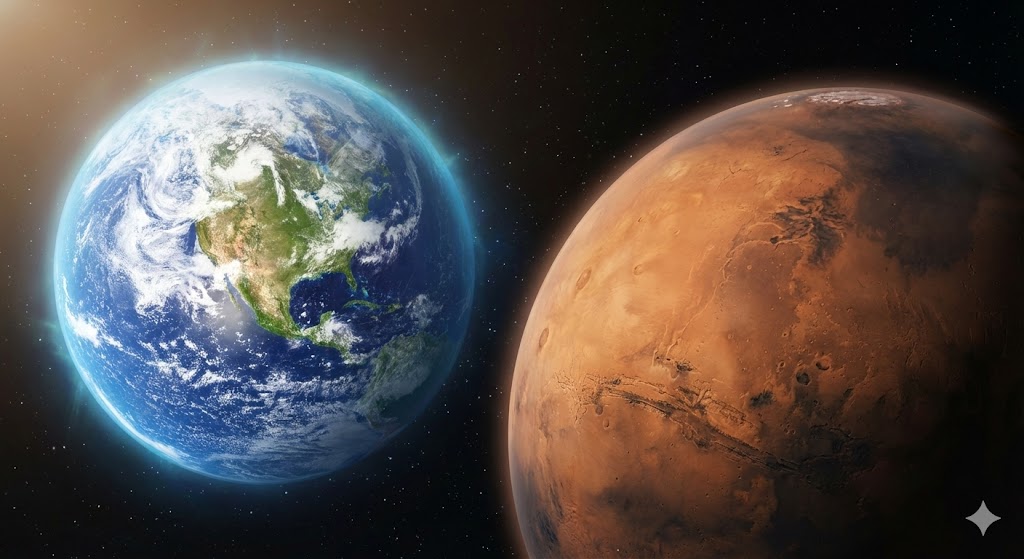 地球は青い生命の星、火星は乾いた死の星として比較したイメージ画像