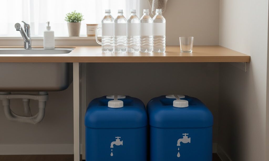 飲料水と生活用水の容器を分けて管理する災害時の水備蓄イメージ