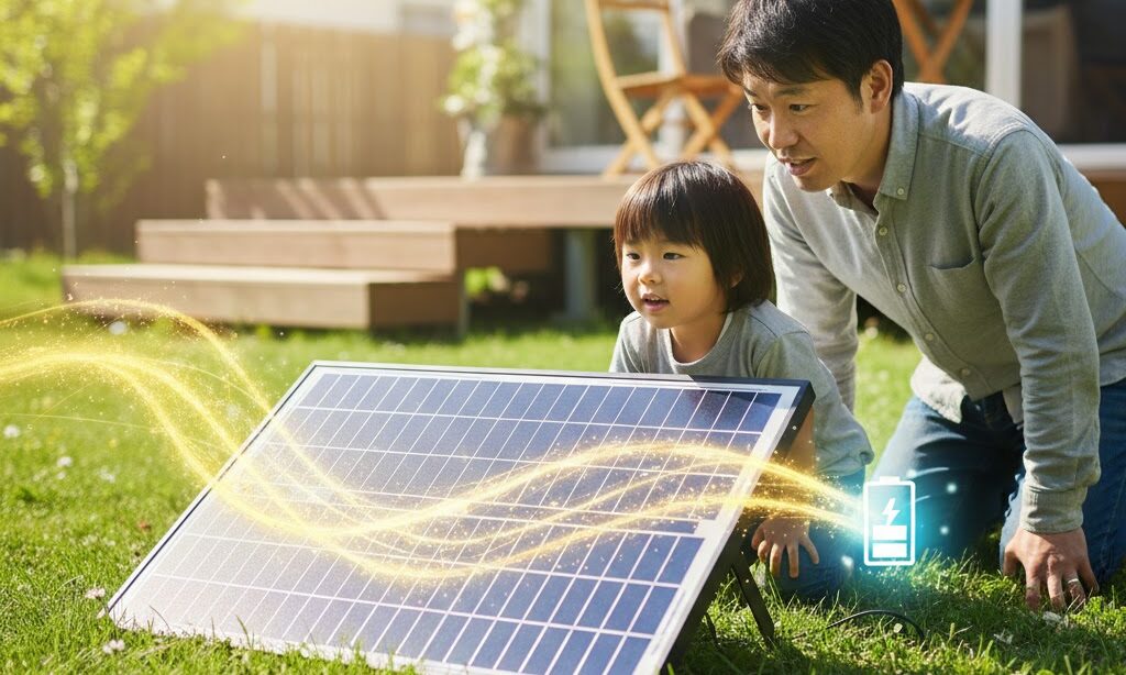 太陽光がソーラーパネルに当たり電気へ変換される様子を示すイメージ。太陽光発電の基本仕組みをわかりやすく表現。