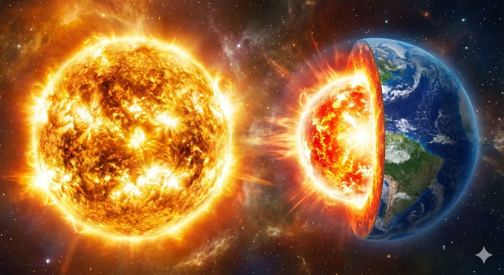 地球の中心と太陽の熱を光の強さで対比したイラスト風画像