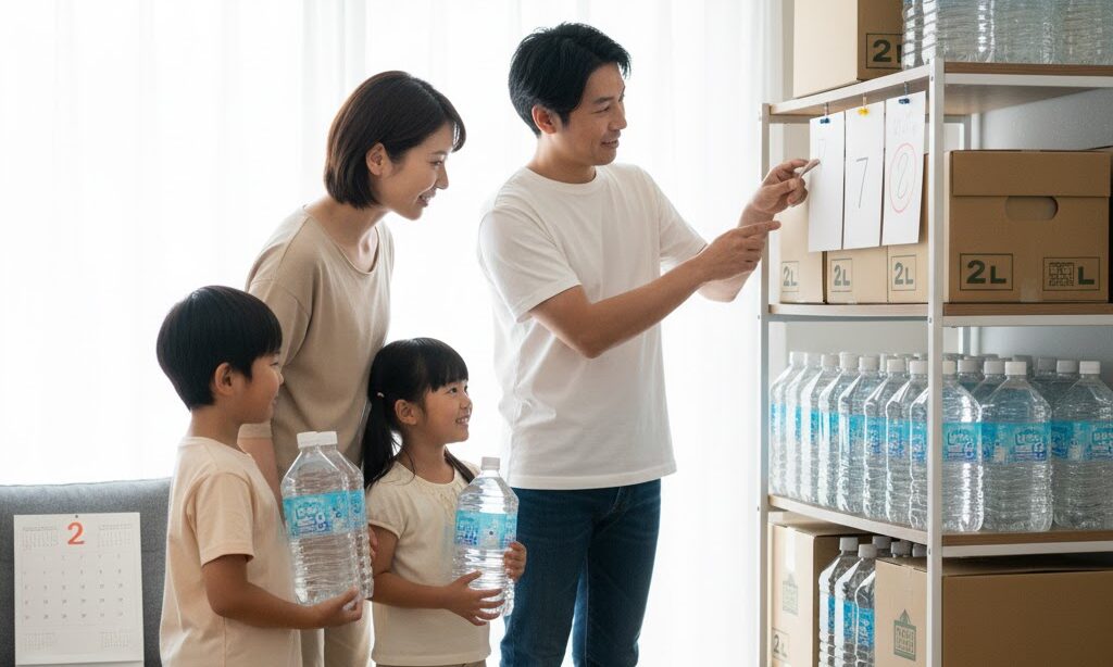 3日分と7日分の水の備蓄量を比較しながら検討する家族の防災イメージ
