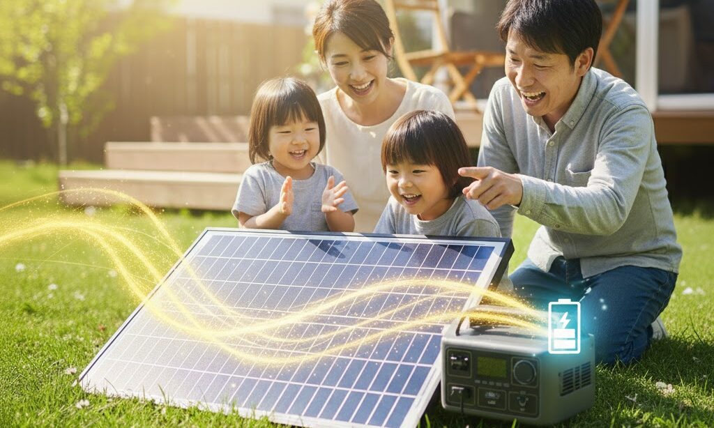 ソーラー充電の仕組みをまとめたイメージ。太陽光のエネルギーが電気に変わる流れを総合的に示す実写風ビジュアル。