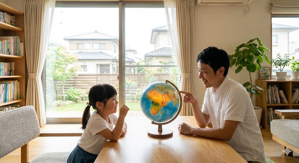 日本人の子どもが地球の内部の熱に興味を持って観察している様子