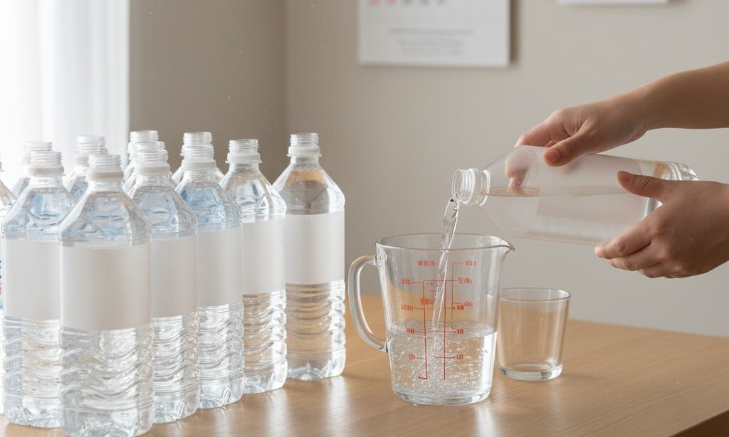 1人1日3リットル7日分の水をテーブルに並べた災害備蓄の目安イメージ