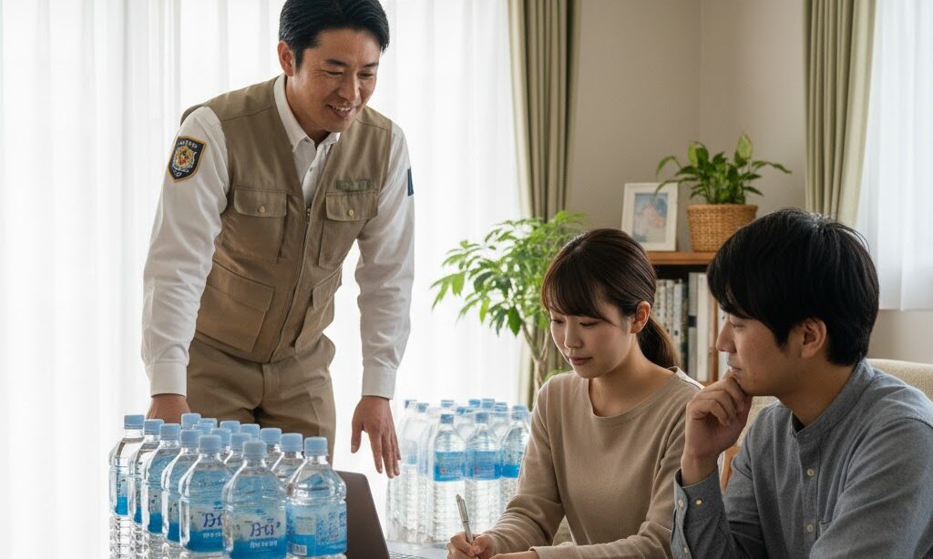 災害時の水の備蓄量を家族で確認する日本の家庭の様子　一人当たり必要量を考えるイメージ