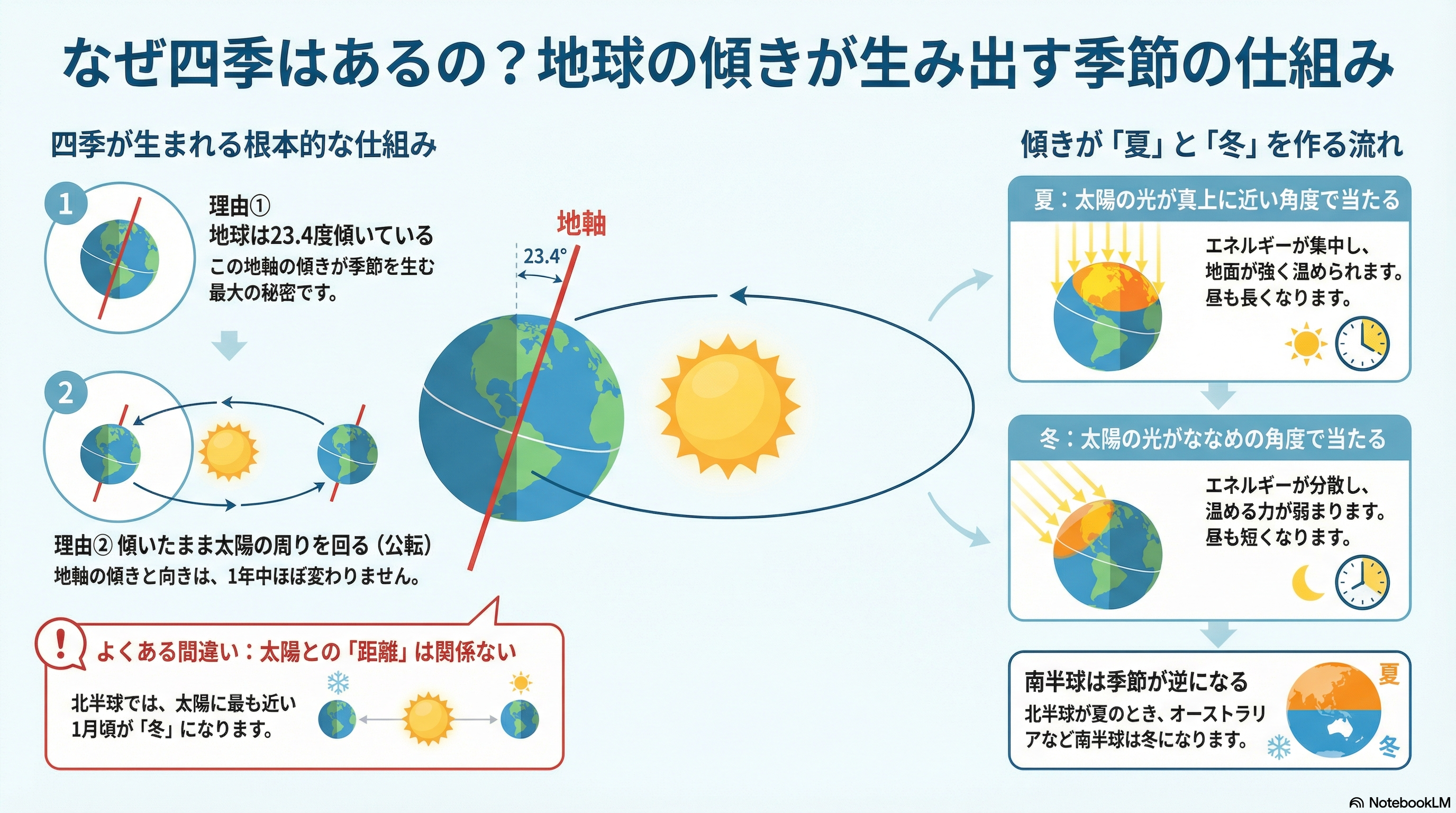 地球の自転軸の傾きが季節を生み出す仕組みを説明する図解。23.4度の傾きと太陽の光の当たり方、北半球と南半球の季節の違い、日照時間とエネルギー量の変化を示している。