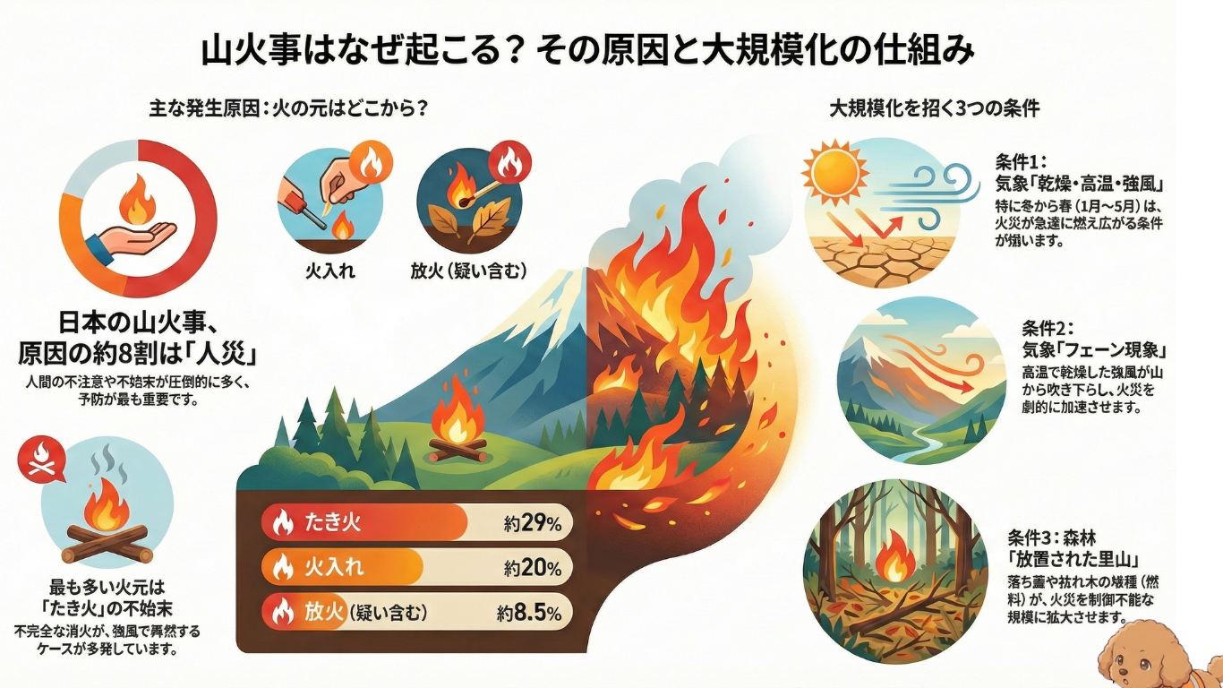 山火事が起こる原因と大規模化の仕組みをまとめた図解。たき火の不始末・火入れ・放火などの発火要因、日本の山火事の約8割が人災であること、乾燥・高温・強風、フェーン現象、放置された里山といった拡大条件をイラストで説明した防災解説画像