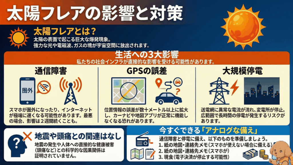 太陽フレアの影響と対策をまとめた図解。通信障害・GPS誤差・大規模停電のリスクと、紙の地図や現金などアナログ備えの重要性を解説する防災インフォグラフィック