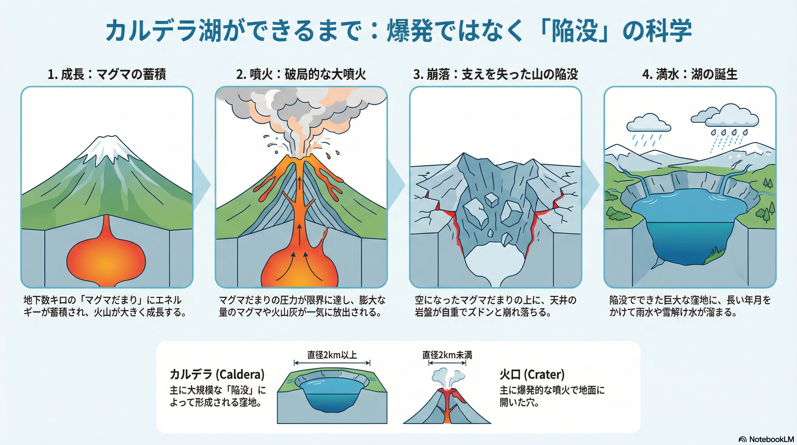陥没カルデラが形成されるまでの4つのステップを説明するイラスト。上段は左から順に「1.成長：マグマの蓄積」「2.噴火：破局的な大噴火」「3.崩落：支えを失った山体の陥没」「4.湛水：湖の誕生」が描かれており、火山が成長し、噴火によってマグマが放出され、山体が陥没して湖が形成される過程を示している。下段は「カルデラ（Caldera）」と「火口（Crater）」の比較図で、カルデラは主に大規模な陥没によって形成される直径2km以上の窪地、火口は主に爆発的な噴火で地表面に開いた直径2km未満の穴であることを示している。