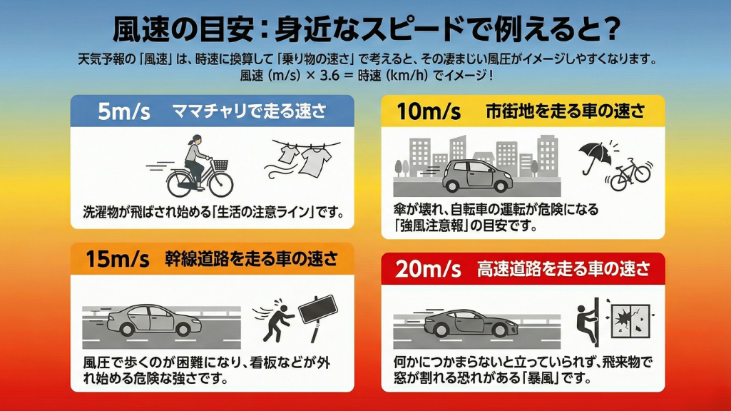 風速5m/s・10m/s・15m/s・20m/sを身近なスピード（自転車・車）で例えて危険度を説明する図解（洗濯物が飛ぶ、傘が壊れる、歩行困難、窓が割れる）