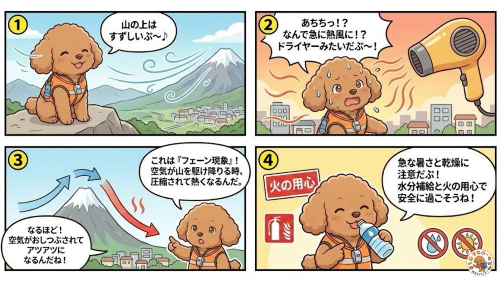 フェーン現象をそなぷーが解説する4コマ漫画。山の上の涼しい空気が、下ると圧縮されて熱風になる仕組みと、急な暑さ・乾燥への注意、水分補給や火の用心を呼びかける防災解説マンガ（HIH・防災士そなぷー監修）