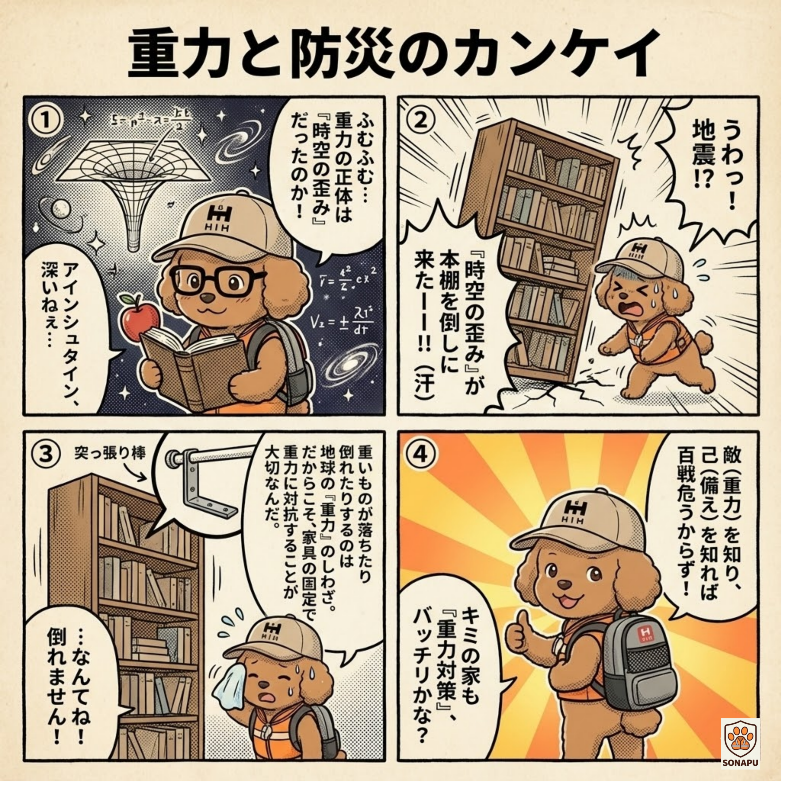 そなぷーが重力と防災の関係を解説する4コマ漫画。重力による家具転倒リスクや地震時の危険性、突っ張り棒による固定の重要性をわかりやすく伝え、自宅の“重力対策”を呼びかけている。