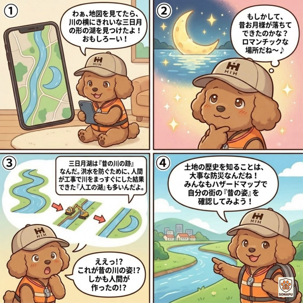 そなぷーが地図で三日月の形をした湖を見つけ、三日月湖が『昔の川の跡』であり、洪水対策などのために川をまっすぐにした結果できる人工湖も多いことを学ぶ4コマ漫画。土地の歴史を知ることが防災につながり、ハザードマップで自分の地域の地形を確認する大切さを伝えている。