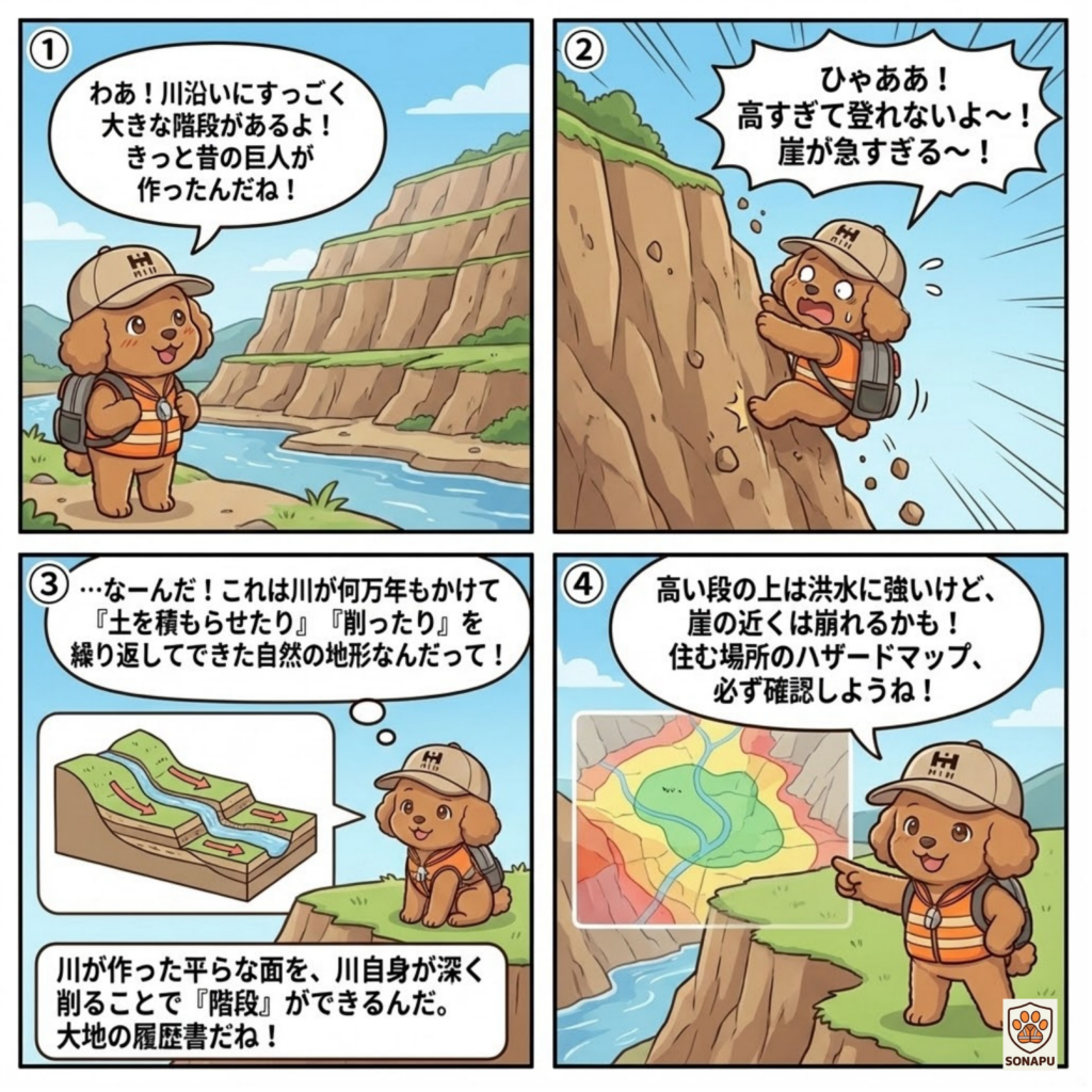 そなぷーが川沿いで見つけた大きな段状の地形（河岸段丘）について学ぶ4コマ漫画。河が土を堆積させたり削ったりする作用を何万年も繰り返すことで階段状の地形ができること、高い段丘面は洪水に強いが崖付近は崩れる危険があるため、住む場所のハザードマップ確認が重要だと伝えている。