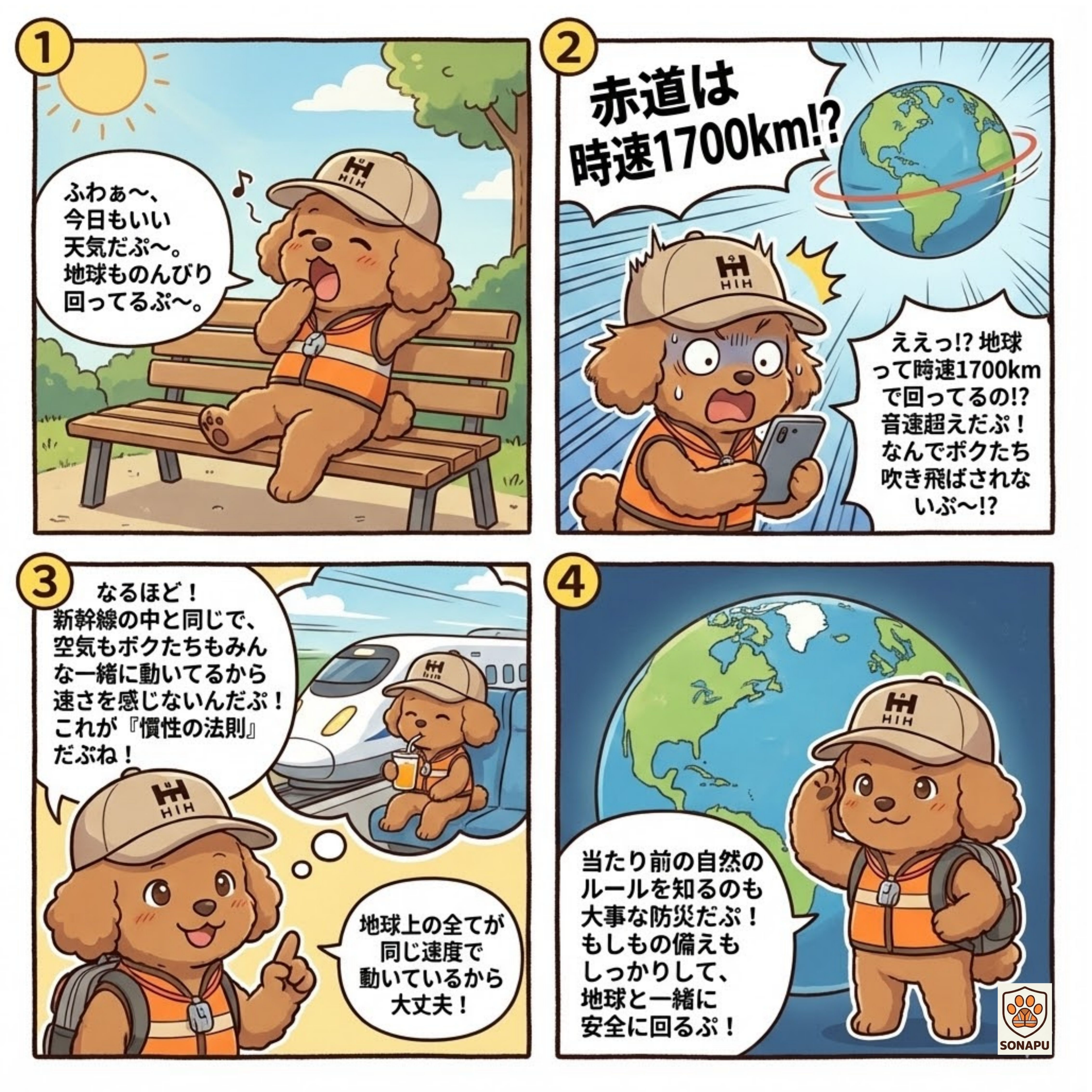 そなぷーが地球の自転速度が赤道付近で時速1700kmになることを知り驚きつつ、慣性の法則によって私たちが吹き飛ばされない理由を学ぶ4コマ漫画。新幹線の例を使いながら、地球上のすべてが同じ速度で動いているため安全だと理解し、自然の法則を知ることも防災につながると伝えている。