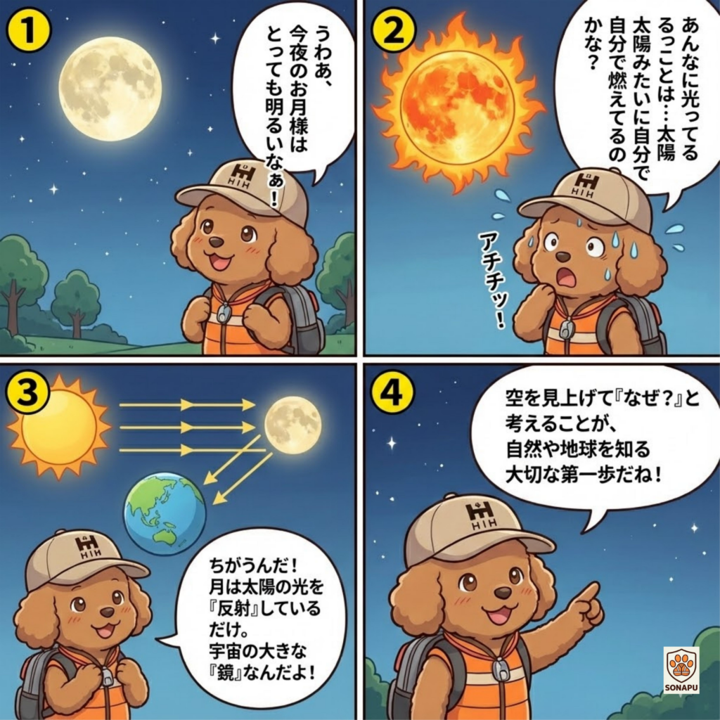 そなぷーが明るい満月を見て、月は自分で光っている巨大ライトだと思い込むが、実は太陽の光を反射して輝いていることを学ぶ4コマ漫画。太陽→月→地球への光の流れが図解され、月は宇宙の鏡のような存在であることを楽しく理解できる構成になっている。