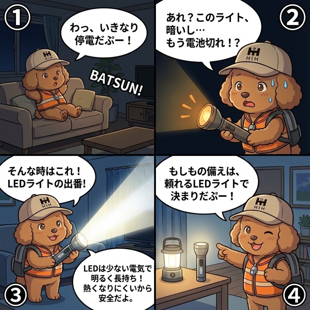 停電時に懐中電灯の電池切れに困る様子と、少ない電力で明るく長持ちするLEDライトの重要性をそなぷーが解説する防災4コマ漫画