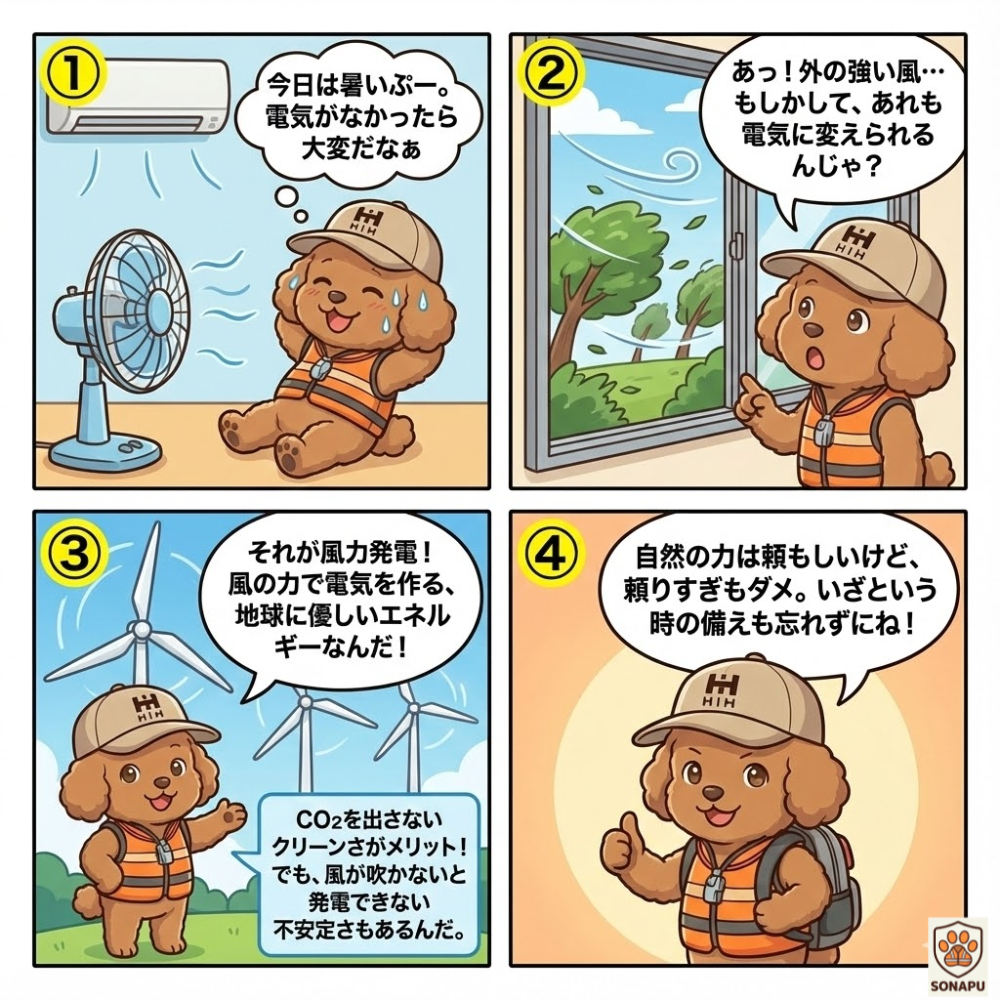 暑い日の停電リスクから風の力で電気を作る仕組みまでを、そなぷーがわかりやすく解説し、自然エネルギーと防災の備えの大切さを伝える4コマ漫画