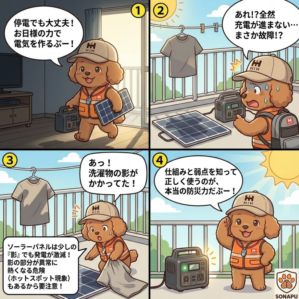 洗濯物の影でソーラーパネルの発電が止まる様子を4コマで解説する防災キャラクター。太陽光パネルは少しの影でも発電量が大きく低下することを学ぶイラスト