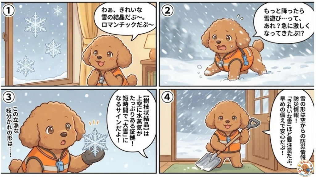 雪の結晶の形から大雪の兆候をそなぷーが解説する4コマ漫画。樹枝状結晶は上空の水蒸気が豊富な証拠で短時間で大雪になるサインと説明し、急な降雪への注意と早めの備えを呼びかける防災マンガ（HIH・防災士そなぷー監修）