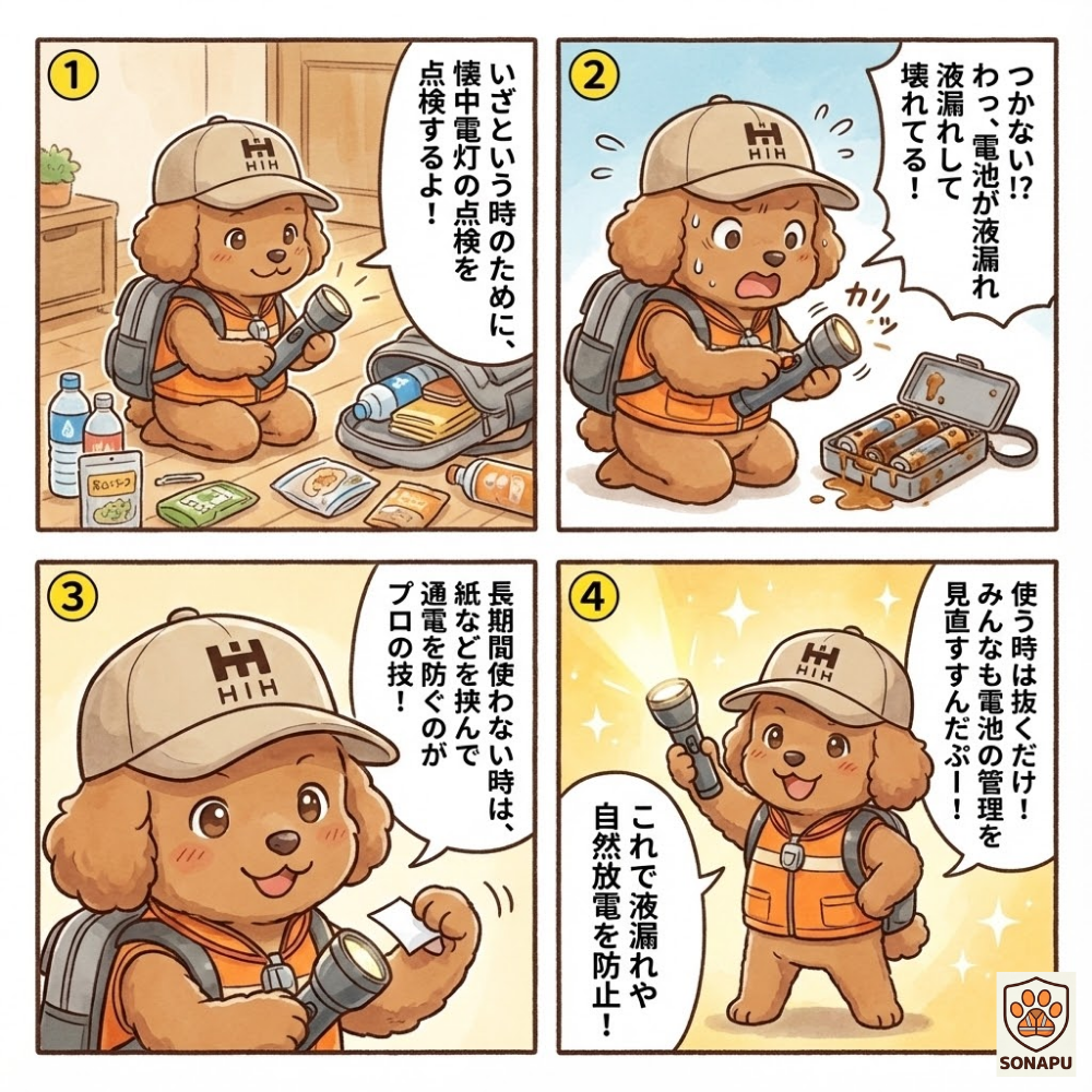 防災キャラクターそなぷーが懐中電灯の電池点検を行い、液漏れトラブルと長期保管時の正しい電池管理方法を4コマで解説する防災漫画