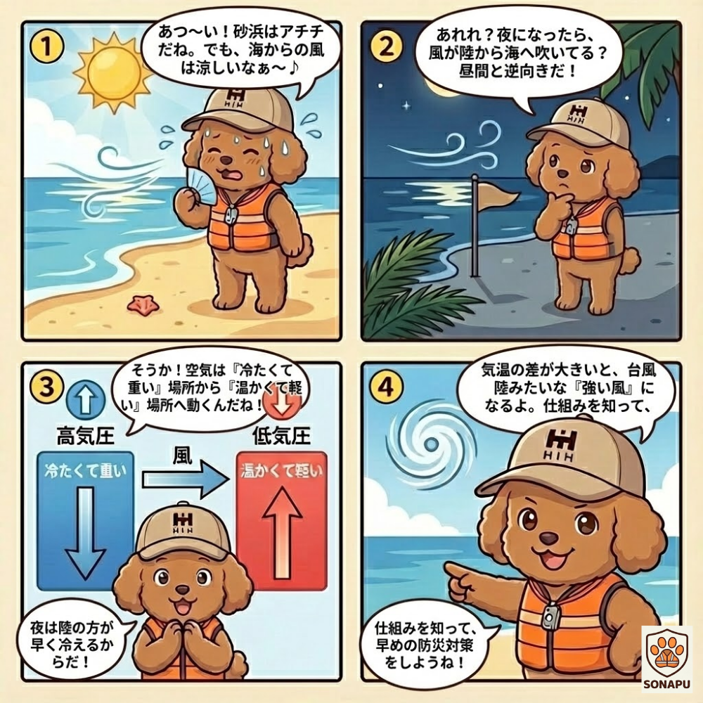 海と陸の温まり方の違いによって昼と夜で風向きが変わる海風・陸風の仕組みを、そなぷーが4コマで解説する防災理科漫画