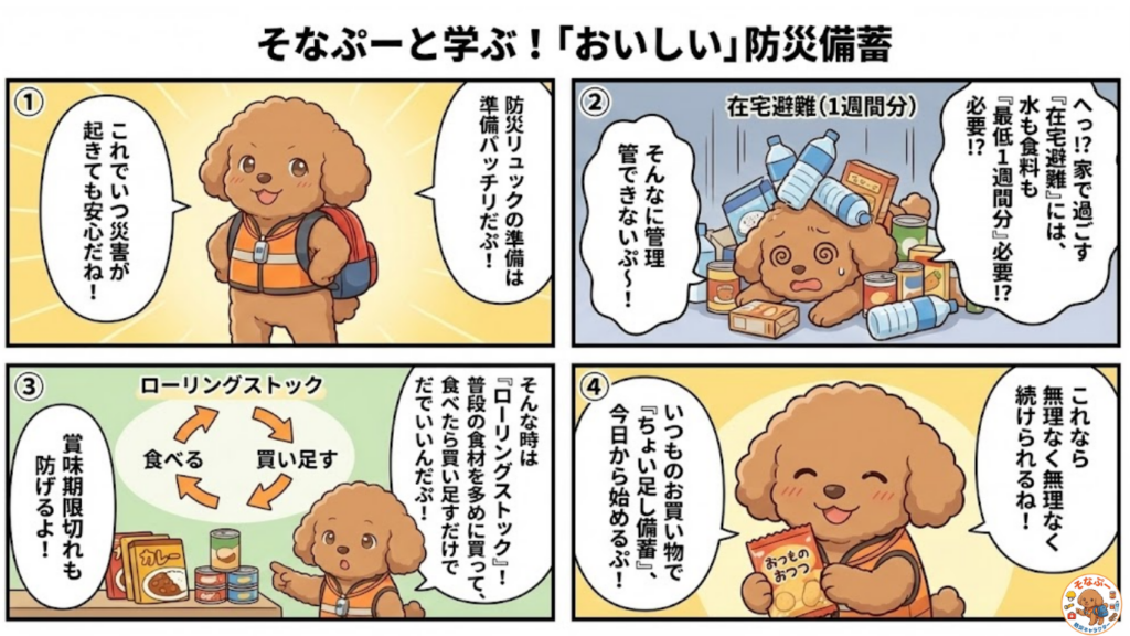 4コマ漫画「そなぷーと学ぶ！『おいしい』防災備蓄」。防災リュックだけで安心していたそなぷーが、在宅避難に必要な大量の備蓄量に驚き目を回すが、普段の食品を「食べる」「買い足す」サイクルで循環させる「ローリングストック」を知り、無理なく続けられる「ちょい足し備蓄」を笑顔で推奨するストーリー。