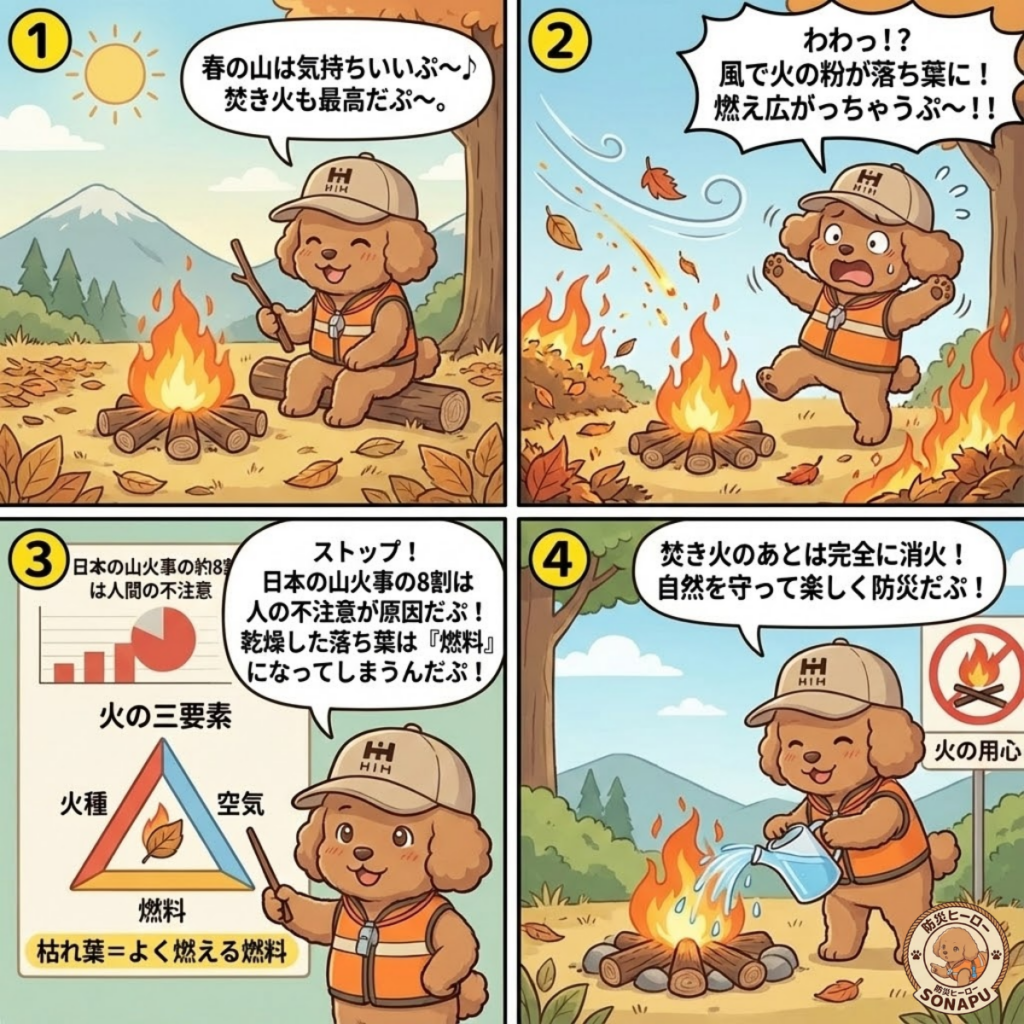 「山火事の危険を説明するそなぷーの4コマ漫画。キャンプの焚き火が落ち葉に燃え広がる危険性と、乾いた葉が燃料になる仕組み、焚き火後の完全消火の大切さを防災士が解説する様子
