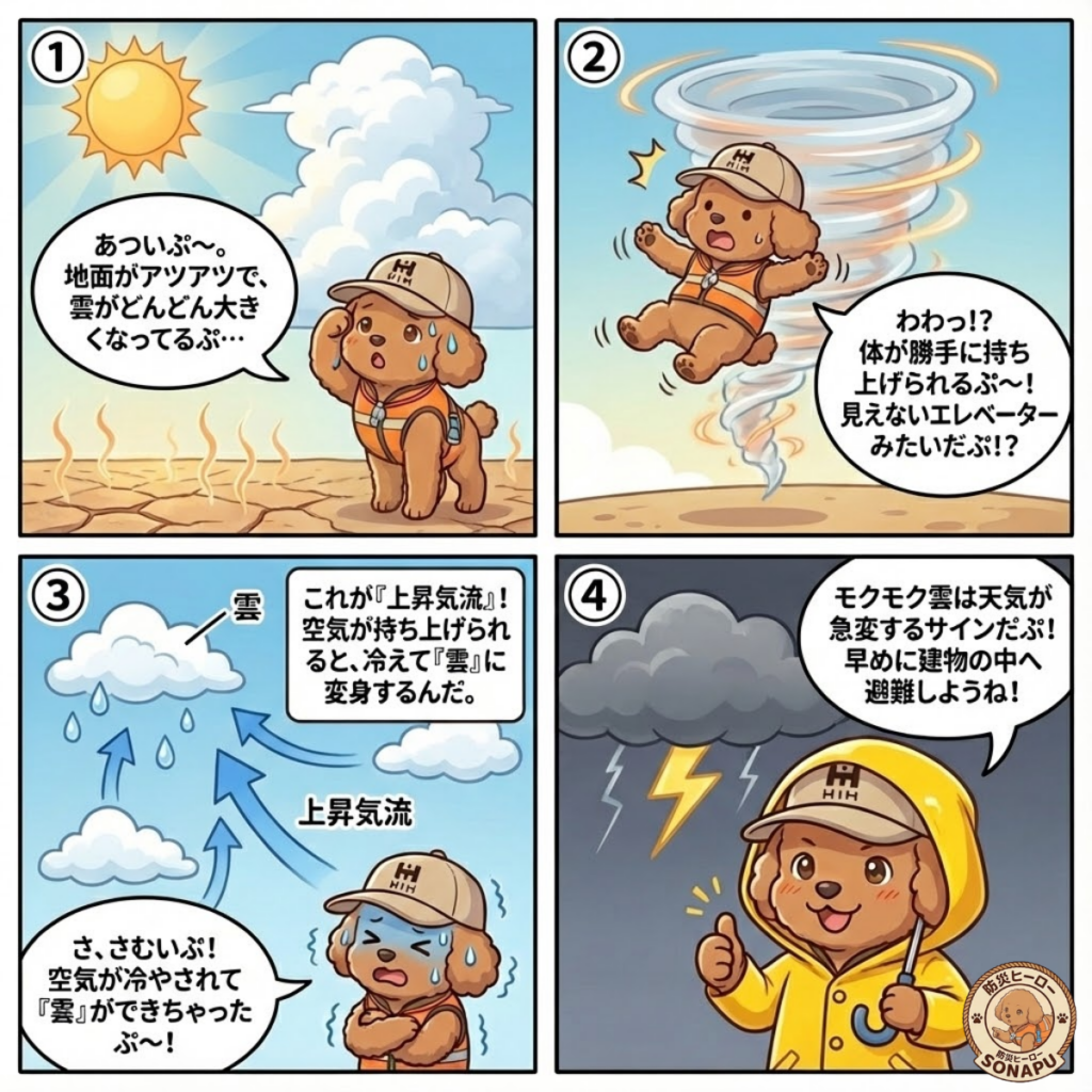 上昇気流とは？気温上昇→空気上昇→雲発生→雷雲の流れをそなぷーが説明する漫画