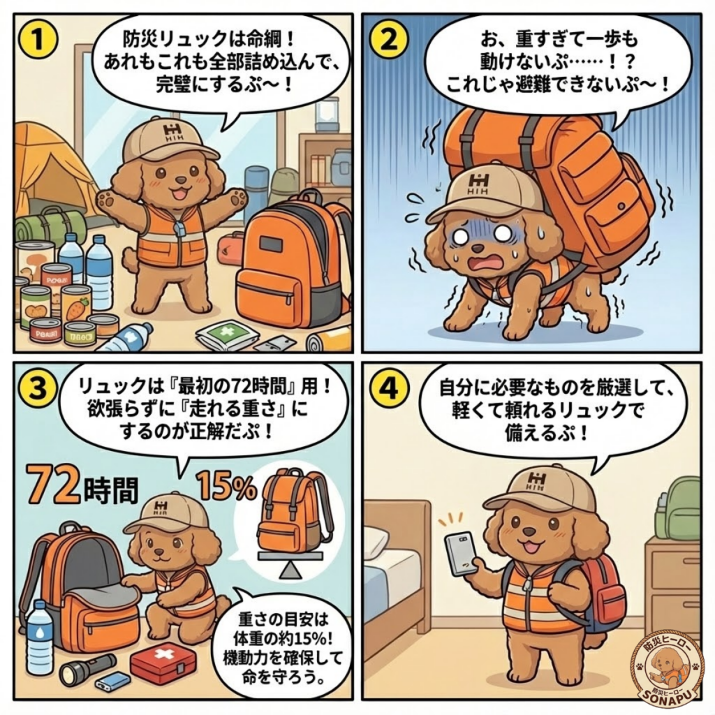 防災士そなぷーが防災リュックの重さと72時間分の備えの適切量を解説する4コマ漫画。詰め込みすぎで動けなくなる失敗と、体重15%目安で必要な物だけを入れる正しい準備方法を説明している様子(HIH)