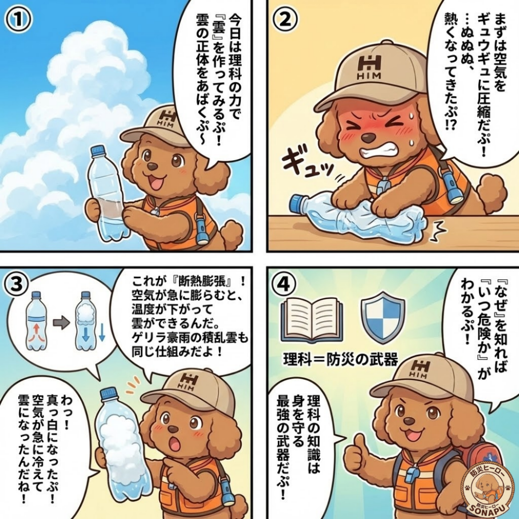 空気の断熱膨張で雲ができる仕組みをそなぷーが実験で説明する4コマ漫画(HIH)